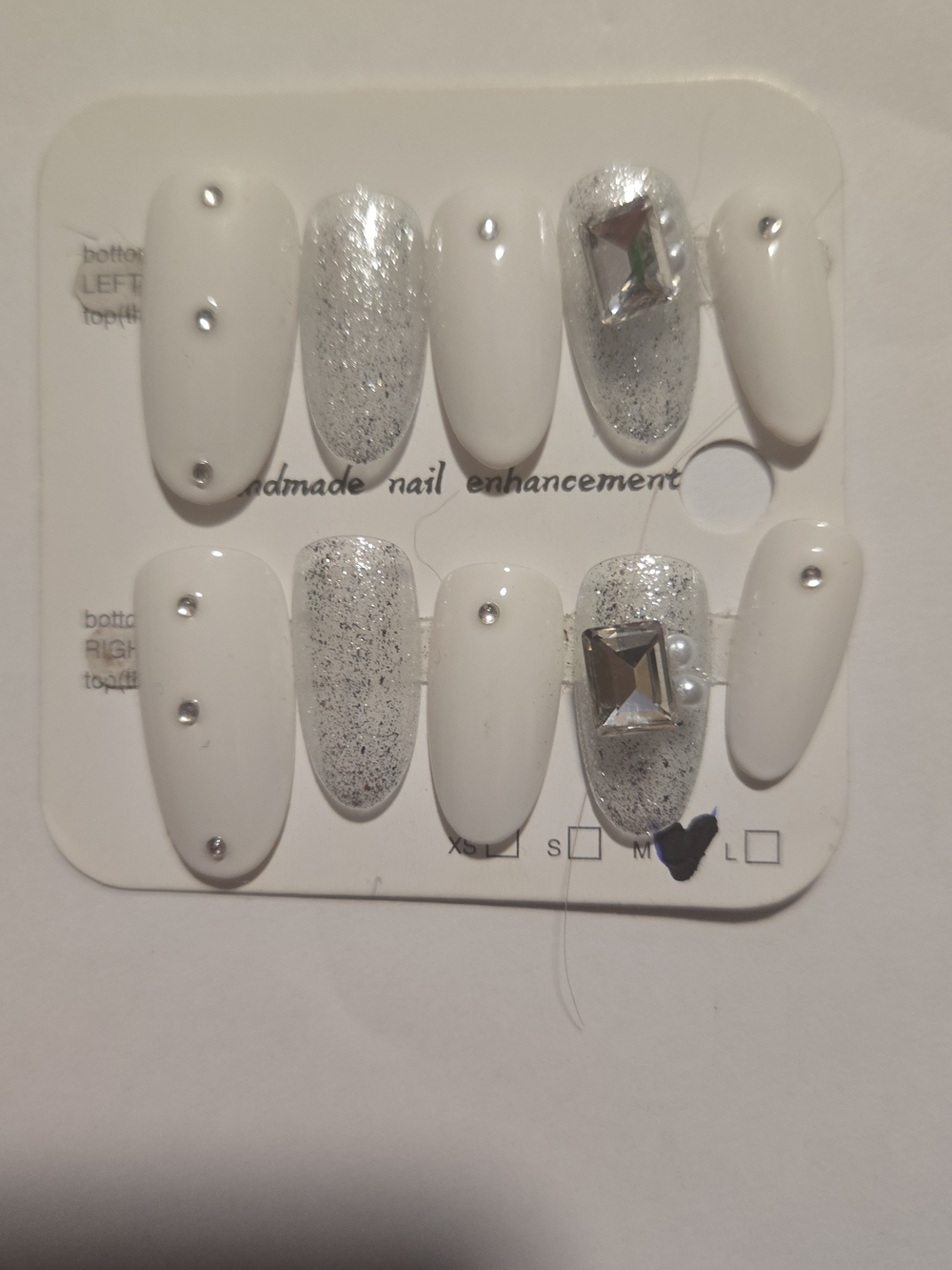 White & Silver Press-On Nails with Gem Accents